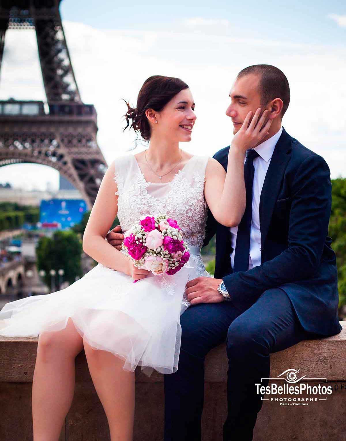Photographe Paris mariage, photo de mariage à Paris, photo couple mariage Trocadéro Tour Eiffel