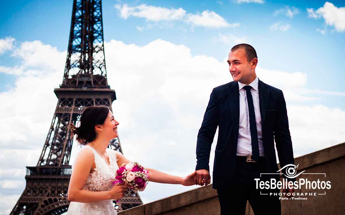 Photo de mariage Paris Trocadéro, séance photo de couple de mariage à Paris Trocadéro et Tour Eiffel