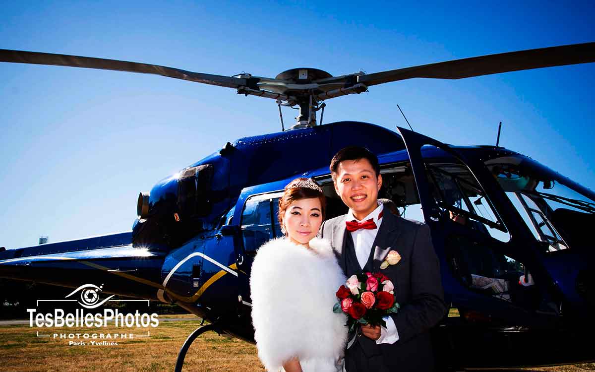 Couple chinois en séance pre-wedding à Paris lors d’un shooting en hélicoptère