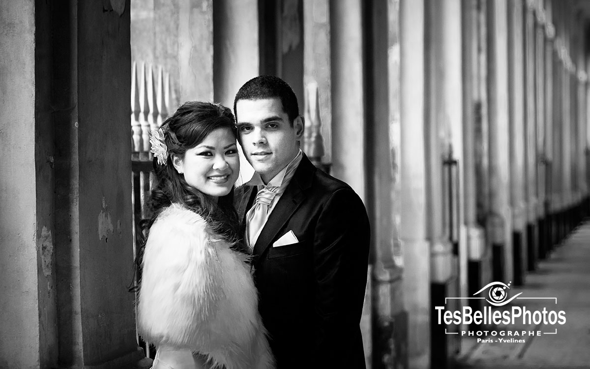 Photographe mariage chinois Paris, séance photo de mariage couple chinois Paris Jardin Palais Royal