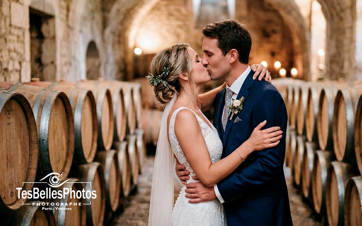 Photographe mariage Calvados – couple de mariés dans une cave de cidre normande