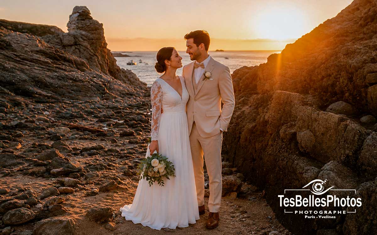 Photographe mariage Calvados – séance couple naturelle sur la plage à Cabourg au coucher du soleil