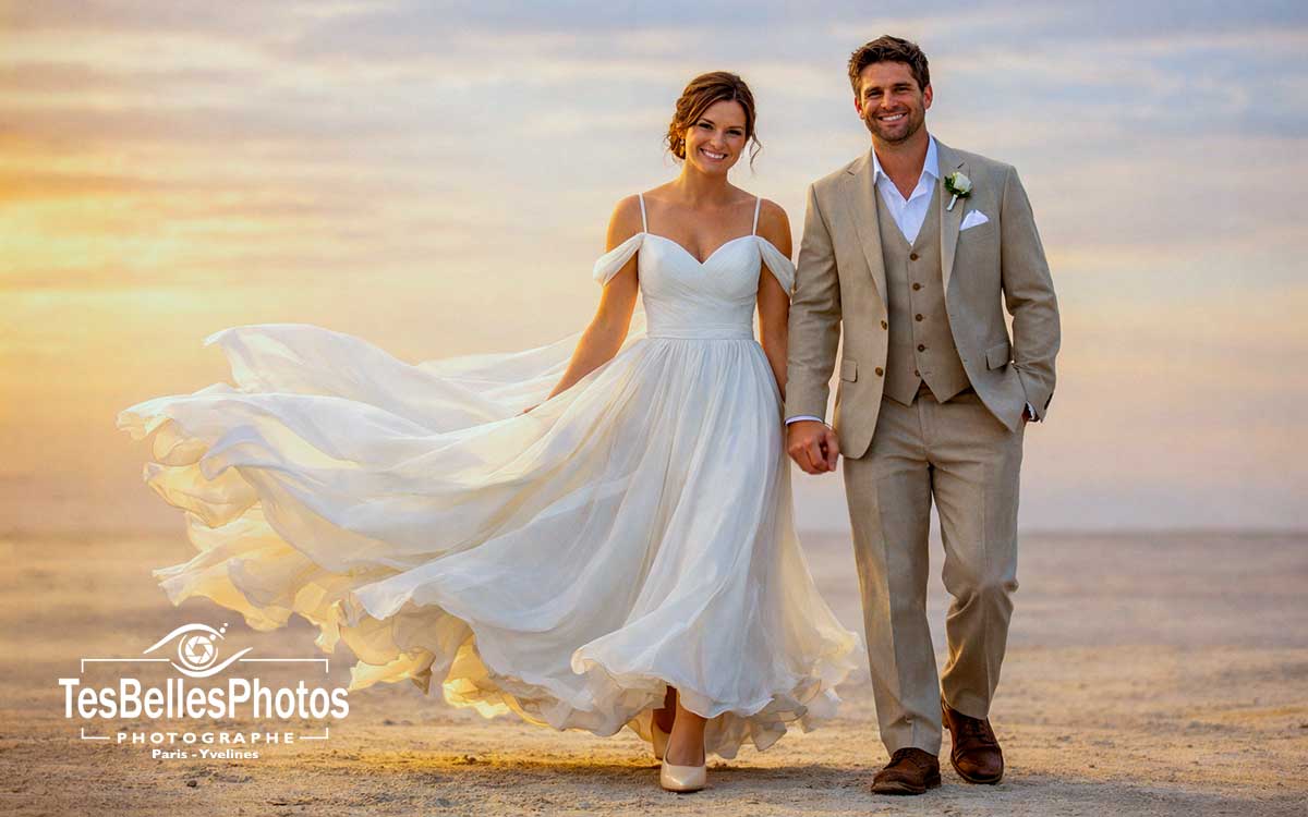 Photographe mariage Calvados – séance couple naturelle sur la plage à Deauville au coucher du soleil