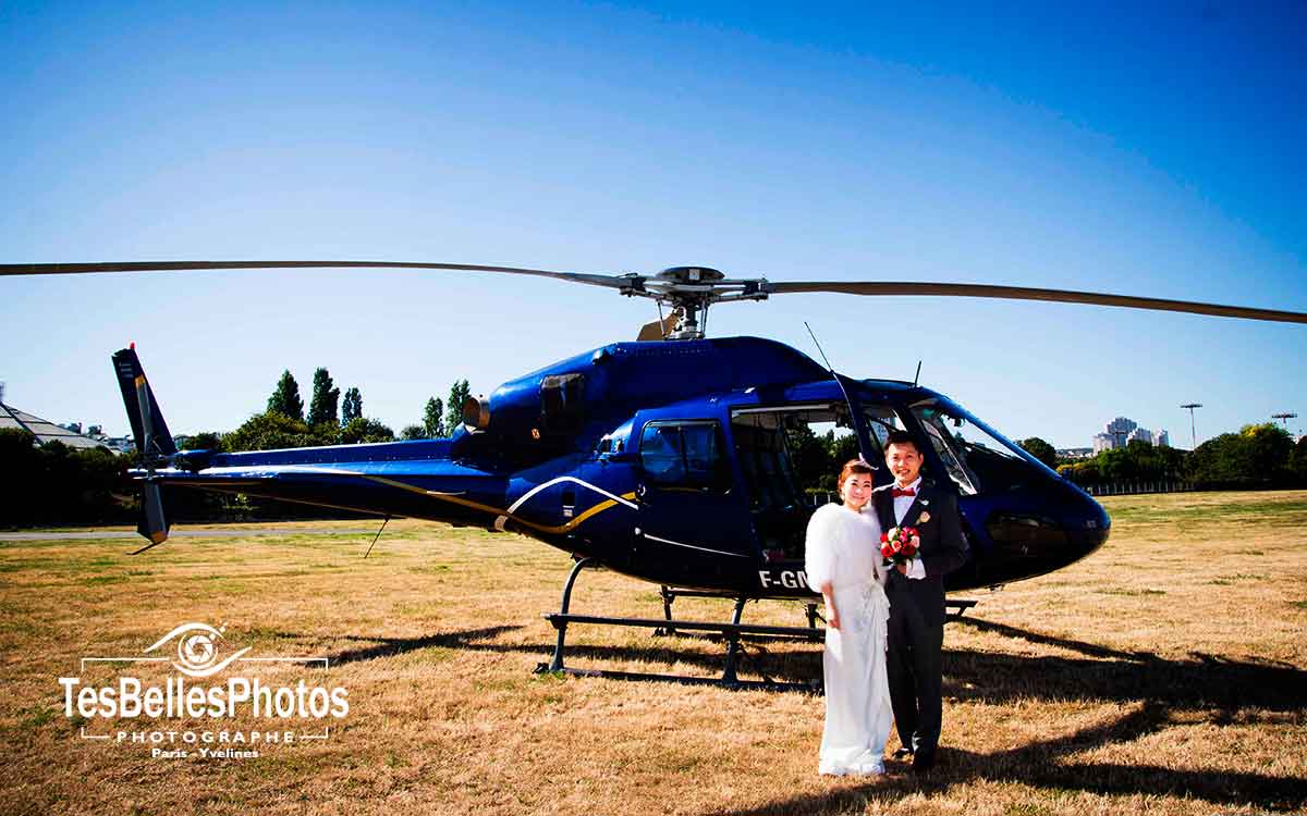 Photographe de mariage chinois à Paris, séance photo couple chinois en hélicoptère Paris