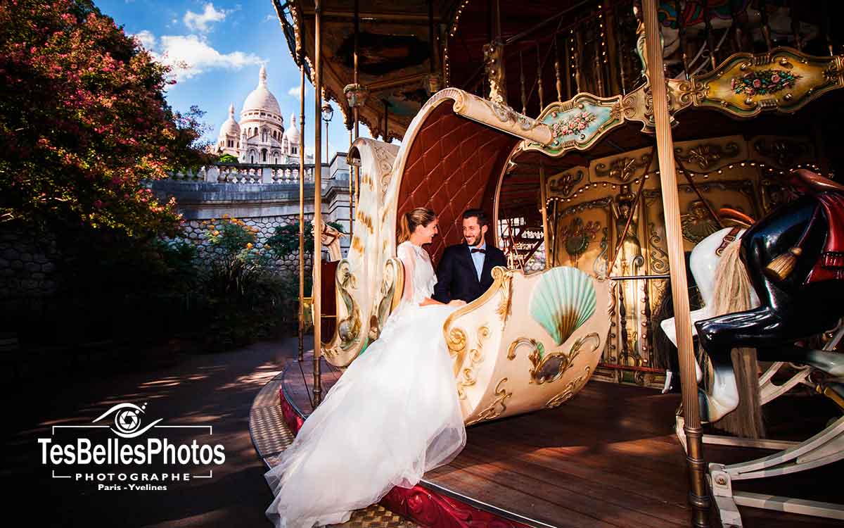 Photographe mariage Paris, séance Day After au manège carrousel Montmartre à Paris