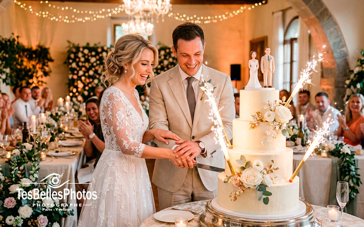 Photographe mariage Yvelines – couple de mariés coupant leur gâteau de mariage à Versailles