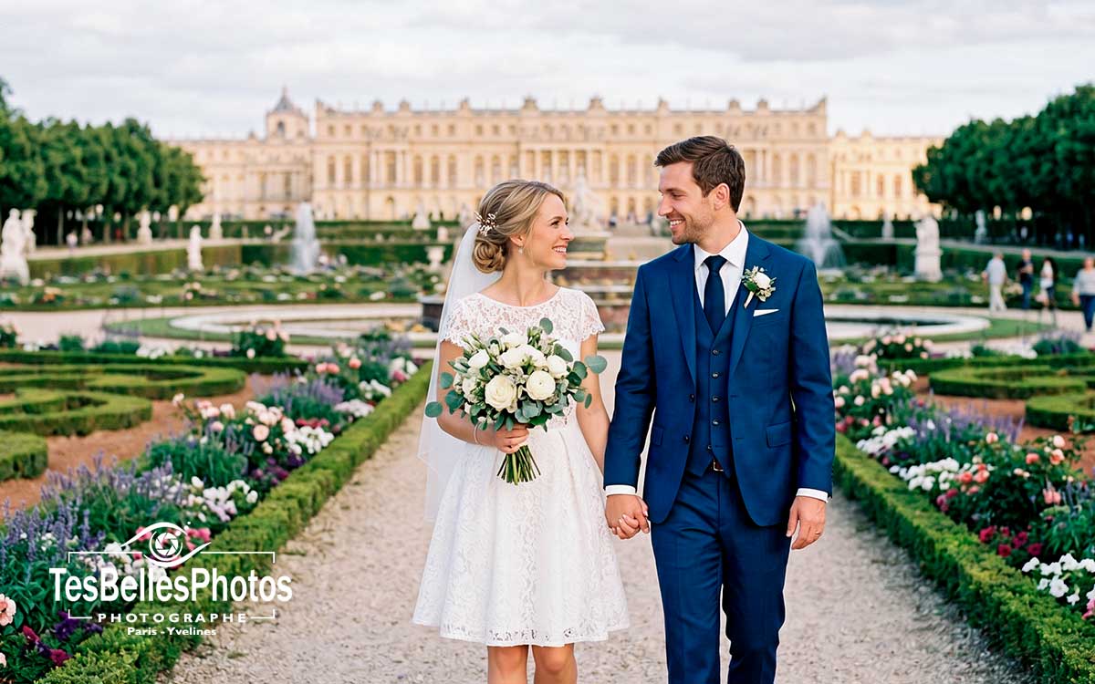 Photographe mariage à Versailles – séance couple élégante des mariés devant la fontaine du château de Versailles