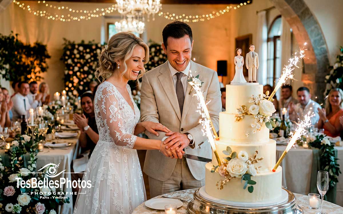 Photographe mariage Vaucluse – couple de mariés coupant leur gâteau de mariage au Château Val Joanis
