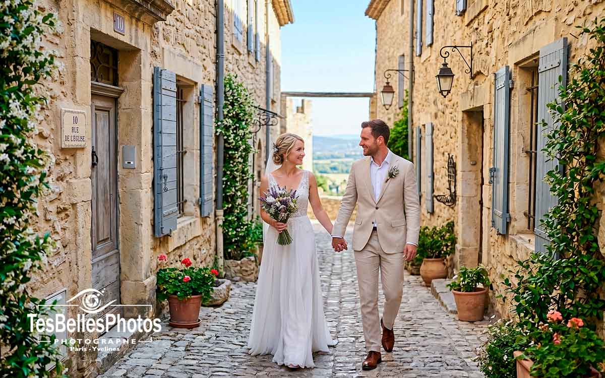 Photographe mariage Vaucluse – couple de mariés se promenant dans une ruelle de Gordes