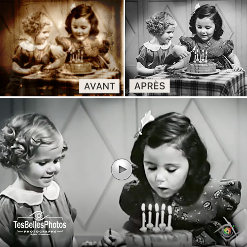 Restauration et transformation d'une vieille photo d'anniversaire d'enfant en montage vidéo personnalisé